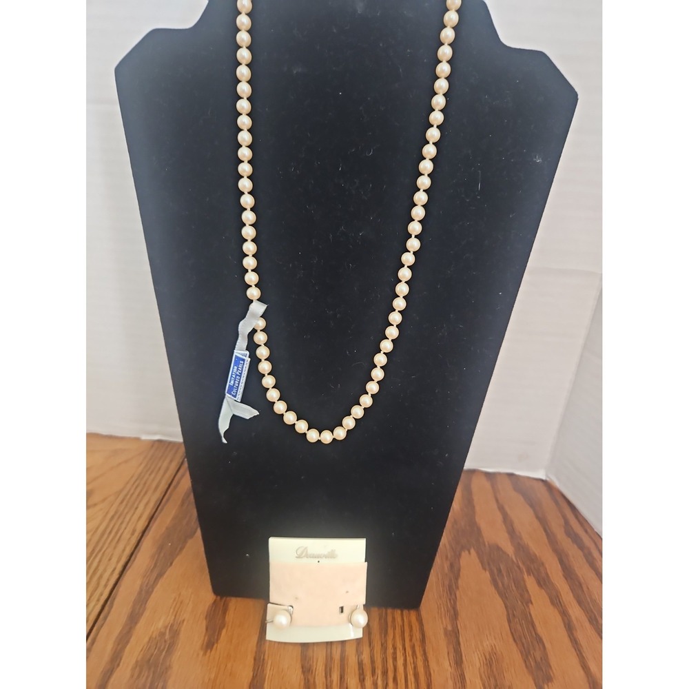 Vintage Deauville Glass Faux Pearl Strand Necklace Match Earrings Clip On Set